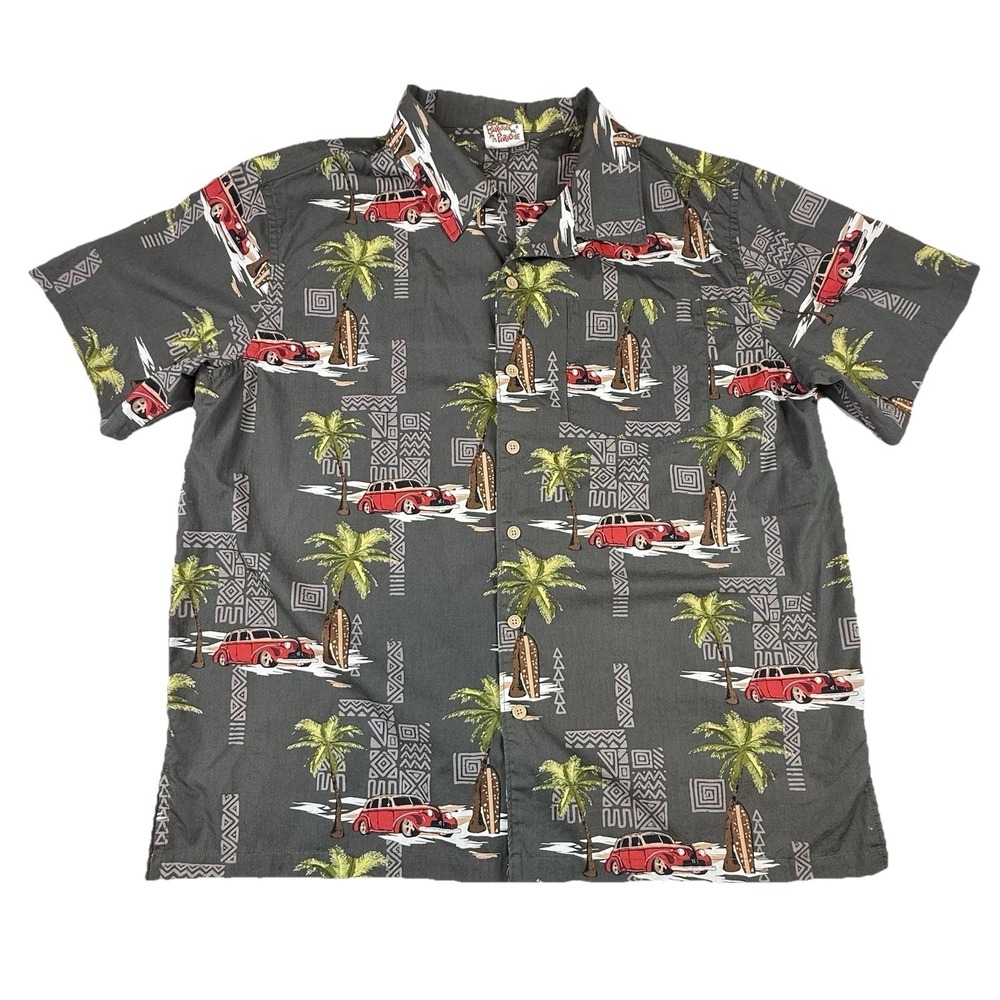 Barefoot In Paradise Hawaiian Shirt Black Gray Car Surfboard Palms AOP Mens L